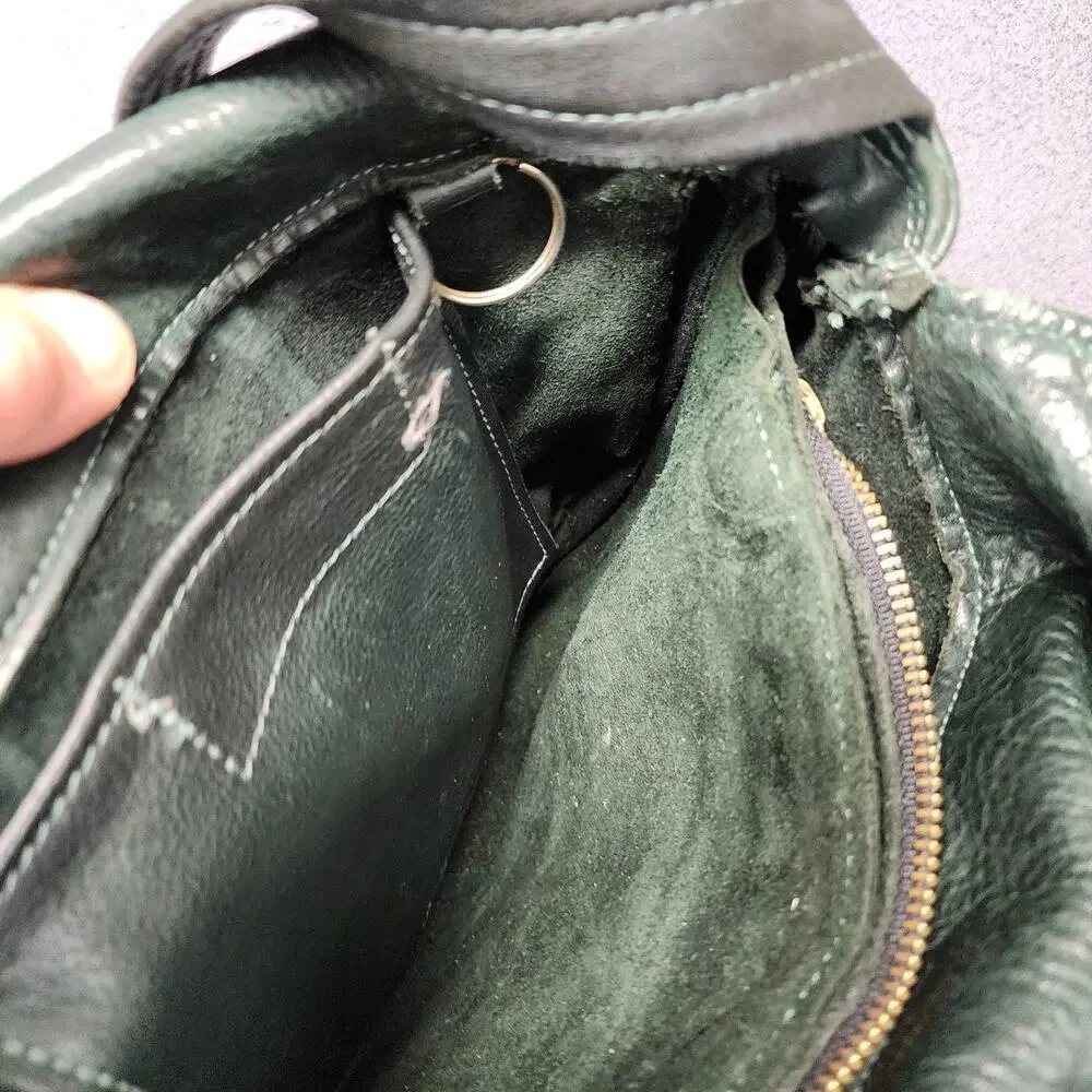 Leather Shoulder Bag Womens Dark Green Flap Pocket Zip Compartments Medium Purse